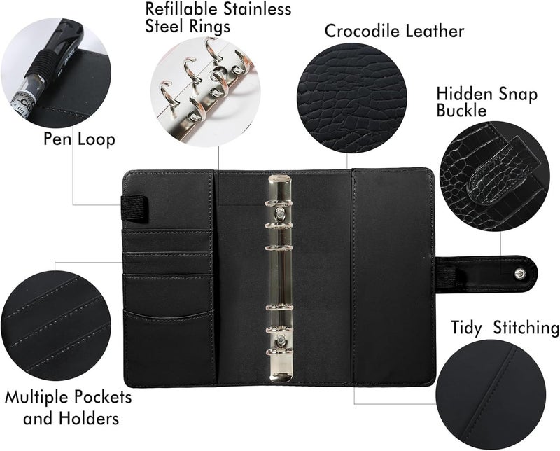 eleger A5 6 Ring Binder Cover Crocodile - Large PU Leather Notebook Binder with Hidden Snap Buckle, Refillable Budget Planner, Black - Image 2